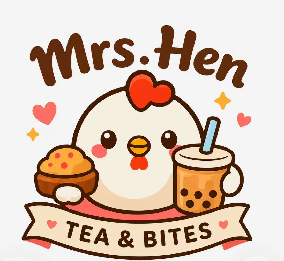 Cute cartoon chicken logo holding bubble tea and baked pastry for Mrs Hen Tea & Bites